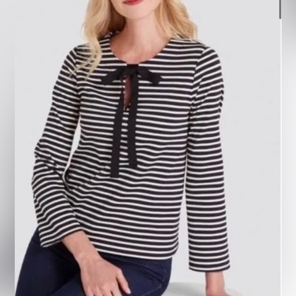 Draper James Rayon Blend Black and White Stripe Tie front Top Size Small - Picture 2 of 6